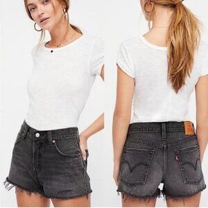 Levis 501 Big E High Rise Cut Off Shorts Washed Trashed Black Sz 26